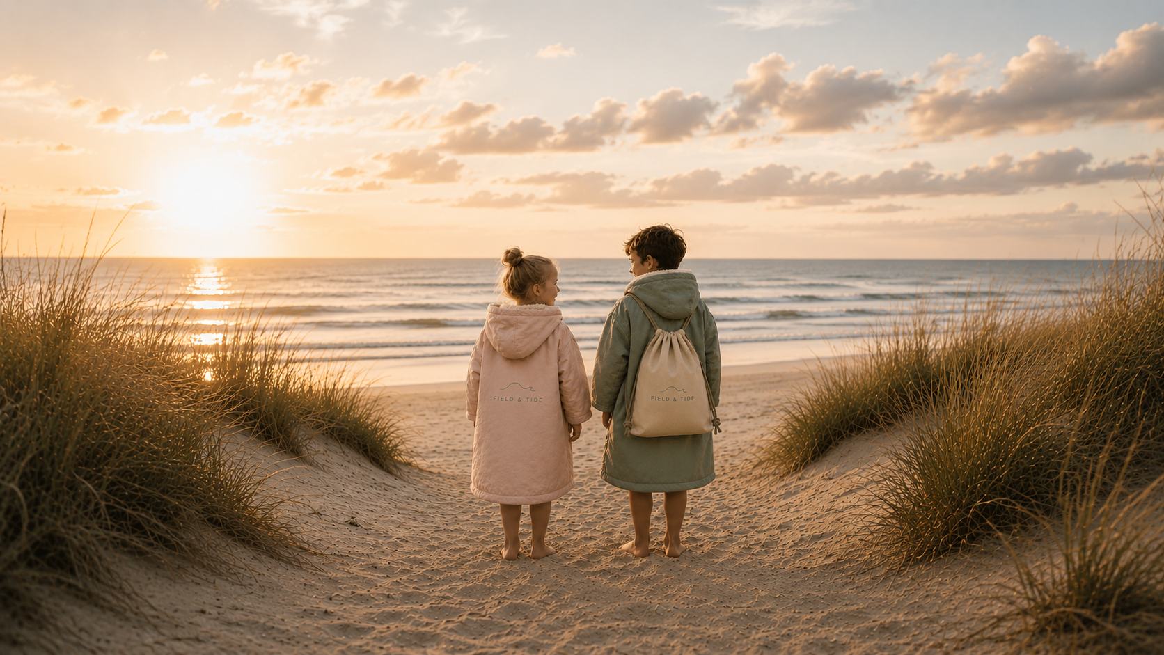 Two children in Field & Tide changing robes standing on a sandy dune path watching the sunset over the ocean